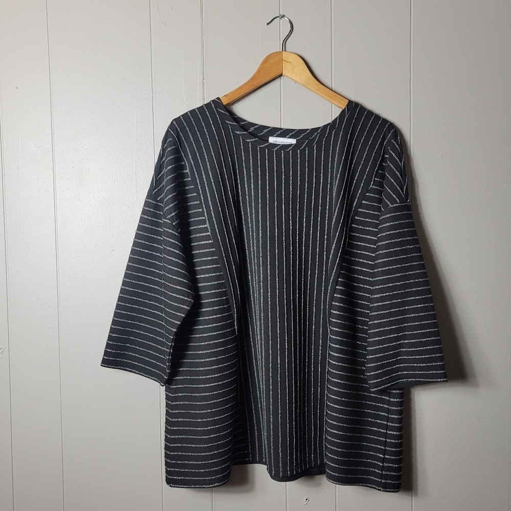 LIZ CLAIBORNE WOMAN BLACK METALLIC SILVER STRIPED TUNIC BLOUSE WOMENS SIZE 2X